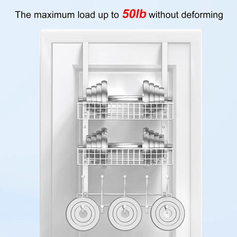 Over The Door Coat Rack With Mesh Basket And Detachable Storage Shelf, showing 50lb load capacity, white finish, sturdy design