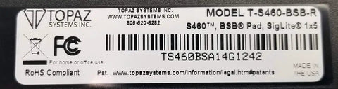 Topaz T-S460-BSB-R model label for No Fuss Digital Signature Pad For Quick Secure E Signing.