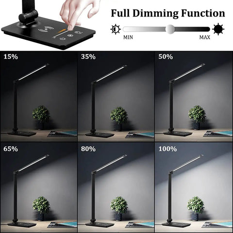 Lit LED Desk Lamp With Wireless Charger For Dorms And Office, 5 Color Modes And Full Dimming shown at various brightness levels