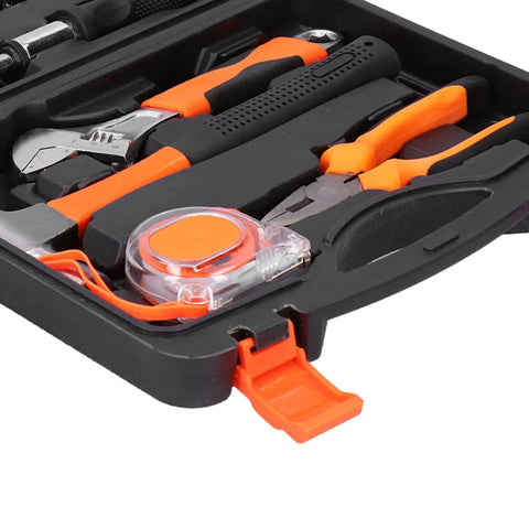 DIY Ready Hardware Toolbox Kit With Durable Alloy Steel Tools, including pliers, wrench, and tape measure in case