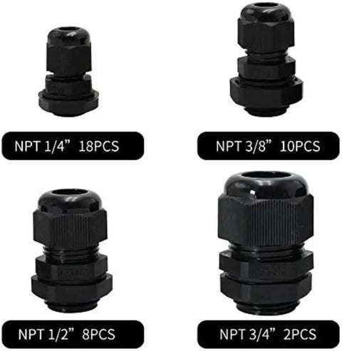 Heavy Duty Waterproof Nylon Cable Glands Kit 76 Piece Joint Set With Adjustable Strain Relief For Outdoor Cables Fits 1/4 3/8 1/2 3/4 Inch