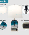 Coastal Glass Table Lamp Set Of 2 For Living Room And Nightstand Blue Bedside Lamps With USB Port 3 Way Dimmable Glass Bedroom Lights