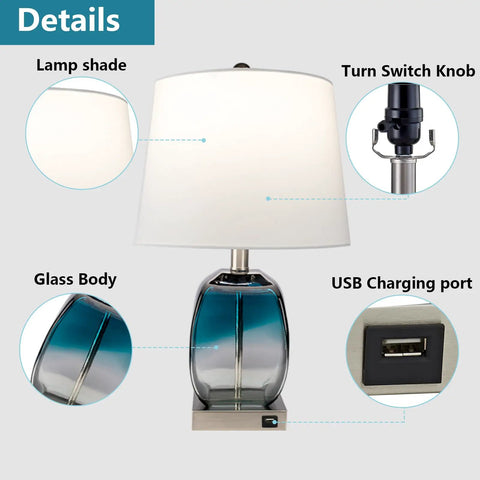 Coastal Glass Table Lamp Set Of 2 For Living Room And Nightstand Blue Bedside Lamps With USB Port 3 Way Dimmable Glass Bedroom Lights