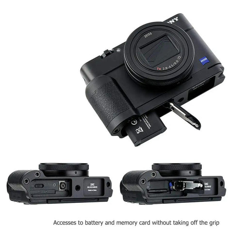 Beefy Solid Metal Hand Grip Bracket With Anti Slip Pads For Sony RX100 VII RX100M7 Camera, easy battery access design shown