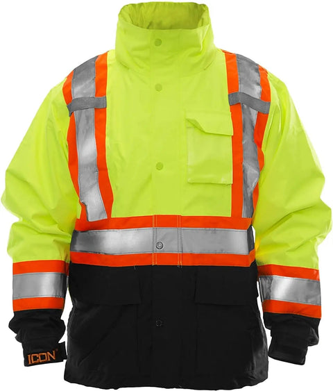 High Visibility Jacket With Detachable Hood For Outdoor Work Extra Large Fluorescent Yellow Green And Black ANSI ISEA 107 Type R Class 3 CSA Z96 Class 2 Level 2 360 Degree Reflective Tape Waterproof Breathable Fabric