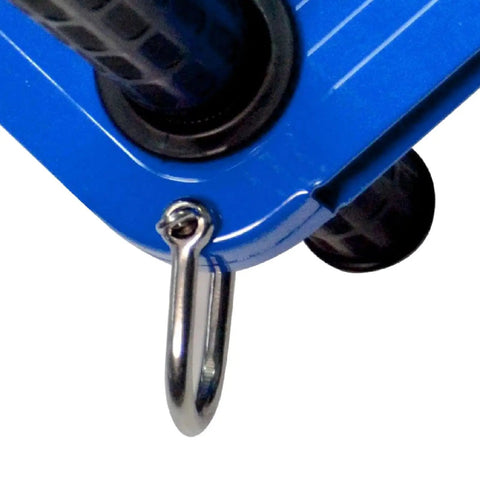 Close-up of Backyard Zip Line Kit for Kids with Easy Install Rope Handle and Outdoor Pulley, blue color with iron hook detail.