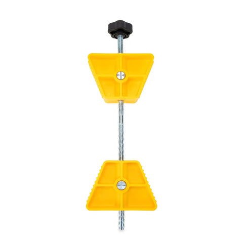 RV Wheel Stop For Trailers Lightweight Heavy Duty Tire Stabilizer With Rubber Handle in yellow color on white background