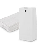 White Paper Bags 8 Lb Capacity, Disposable Lunch Bags For Takeout, Bakery And Store Use, Heavy Duty Paper Bags, Pack Of 1000, Great For Hot Food Transport And Catering, shown in a stack and standing on a white background.