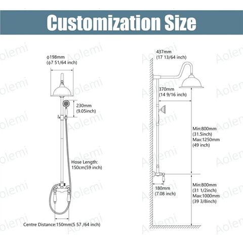 Diagram showing dimensions of Polished Chrome Shower System With 8 Inch Rainfall Head 12 Inch Extension Tube Handheld Spray.