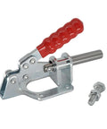 Beefy Pro Grade Toggle Clamp Quick Release Push Pull 302F, 300 Lbs Holding Capacity, Heavy Duty Cold Rolled Steel with Zinc Finish and Red Vinyl Handle.