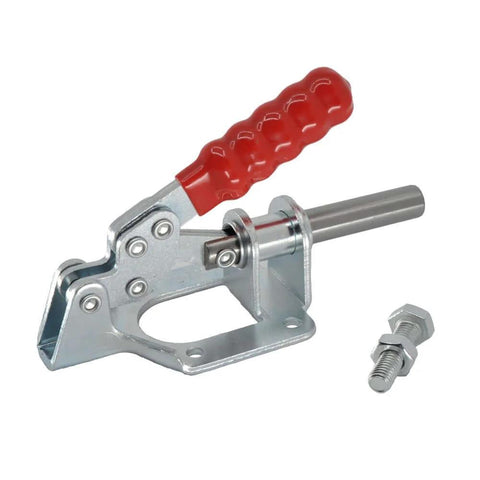 Beefy Pro Grade Toggle Clamp Quick Release Push Pull 302F, 300 Lbs Holding Capacity, Heavy Duty Cold Rolled Steel with Zinc Finish and Red Vinyl Handle.