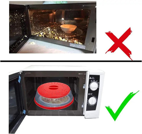 Comparison of microwave with and without Red Collapsible Microwave Splatter Cover With Easy Grip Handle BPA Free TPR And PP.
