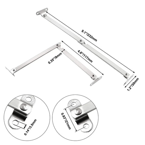 2 Pack Lid Support Hinges With Soft Close And Rotating Folding Lid Stay Hinges Heavy Duty Stainless Steel Brackets For Drop Front Desk Cupboard Cabinet Durable And Easy Mounting Screws Included showing dimensions and hinge details.