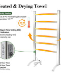 Diagram of 6-bar heated towel rack with LED indicators, highlighting fast drying and temperature control, plug-in design.