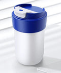 Smart Car Cup Cooler And Warmer 12V Portable Digital Thermoelectric Beverage Chiller in blue and white, designed for car use.
