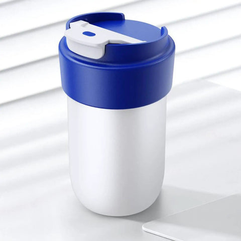 Smart Car Cup Cooler And Warmer 12V Portable Digital Thermoelectric Beverage Chiller in blue and white, designed for car use.