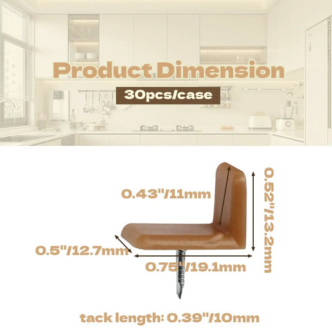 Product dimension image for 30 Pack L Shape Tack In Drawer Buffer Stops and Slide Stoppers with Anti Rust Nails showing sizes.