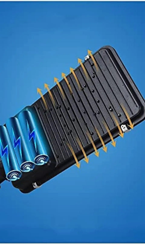 JUDYSSY Solar Street Lights Outdoor Lamp, Dusk to Dawn battery pack with three batteries, detailed close-up.