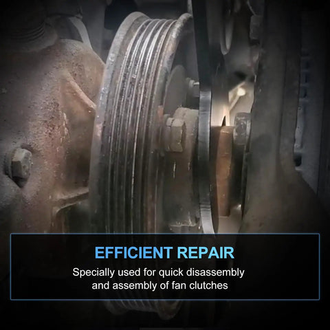 8 Piece Pneumatic Fan Clutch Wrench Set For Auto Repair With Beefy Heavy Duty 7 Driving Wrenches Including 22Mm 32Mm 36Mm 40Mm 47Mm 48Mm 51Mm To Fasten Or Loosen Fan Clutch And Water Pump Nuts Universal Fit For Most Car Brands. Fan clutch removal on engine pulley for quick disassembly.