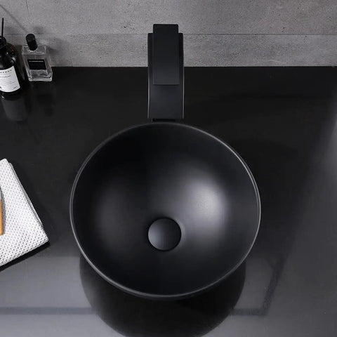 Sleek Black Vessel Sink With Drain Included, 13x13 Round Above Counter Bathroom Vanity Sink, Porcelain Ceramic Vessel With Black Pop Up Drain, Modern Matte Finish, Durable Easy Install from top view
