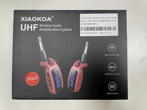 Box of XIAOKOA UHF Wireless Audio Amplification System with two red transmitter units and LED screen display.
