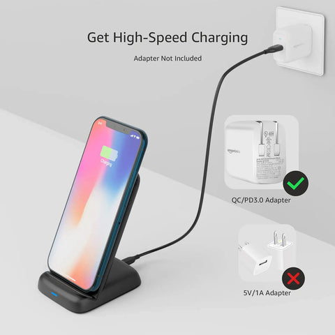 10W Qi Wireless Charging Stand For Phones Dope Desktop Dock With 10W For Samsung And LG And 7.5W For IPhone USB Cable Included Black Works With Most Qi Enabled Devices On Desk Or Nightstand showing phone charging