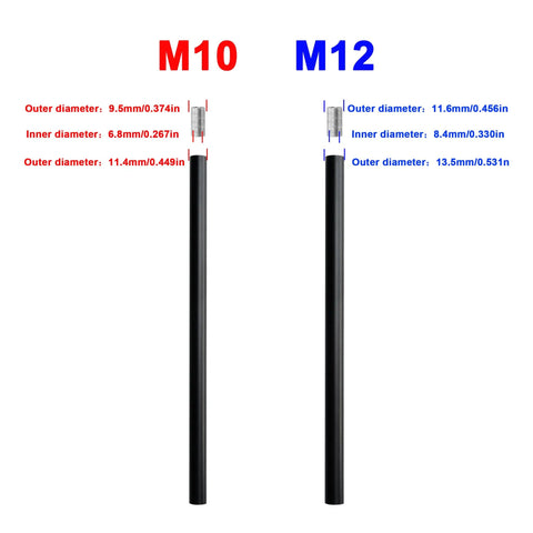 Comparison of M10 and M12 threaded rods with labeled dimensions, focusing on matte black M12 threaded extension rod for pendant lights.