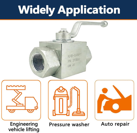 Front-left view of Autovo 3/4 in hydraulic ball valve with lever handle and NPT threaded ports