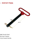 Red Handle 7/8 Inch Forged Hitch Pin, 6-1/2 Inch Usable Length, shown with tensile steel and black pin finish.