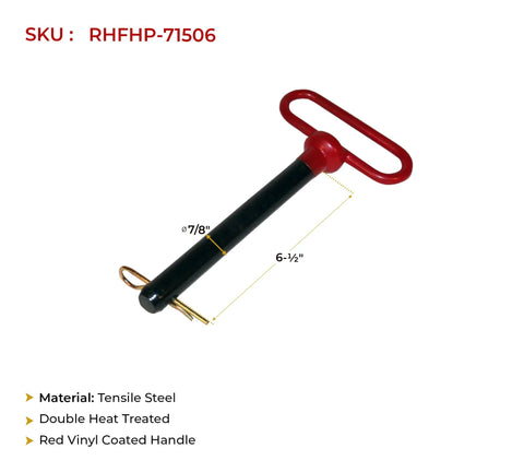 Red Handle 7/8 Inch Forged Hitch Pin, 6-1/2 Inch Usable Length, shown with tensile steel and black pin finish.