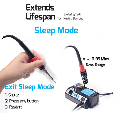 Pro Grade 110W Soldering Station Kit With 3 Preset Channels And Sleep Mode in use with displayed sleep mode feature.