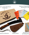 All In One Survival Machete And Brush Axe With Sheath For Camping Fishing Hunting And Bushcraft A Heavy Duty Outdoor Tool Built For Brush Clearing Digging And Trail Work with sheath, sharpening stone, and manuals.