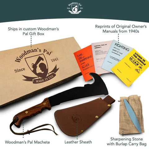 All In One Survival Machete And Brush Axe With Sheath For Camping Fishing Hunting And Bushcraft A Heavy Duty Outdoor Tool Built For Brush Clearing Digging And Trail Work with sheath, sharpening stone, and manuals.