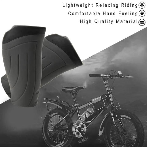 Two Pack 90mm Bike Handlebar Grips Two Color Rubber Ergonomic Design Grippy Comfort Fit For Most Regular Road And Mountain Bikes Easy Install Durable Grips In Black And Grey shown beside a bicycle.