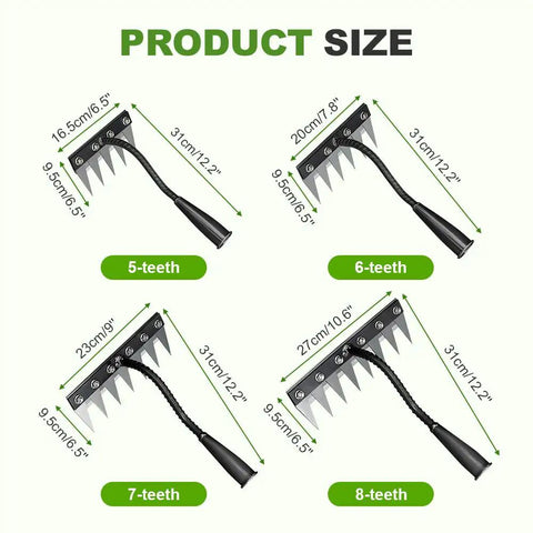 Heavy Duty Weeding Rake Version 2 With 5 6 7 8 Teeth Carbon Steel Garden Tool sizes chart showing different teeth options.