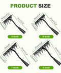 Diagram showing size options for Weeding Rake 2.0 Workhorse Garden Weeder Tool with 5, 6, 7, and 8 carbon steel teeth.