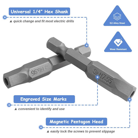Torx Star 5 Point Security Tamper Proof Screwdriver Bit Set, engraved S2 steel with hex shank and magnetic pentagon head.