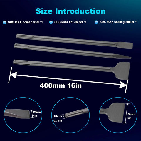 16 Inch SDS Max Chisel Set Built For Real World Concrete Demolition And Tile Breakout Flat Chisel 1 Inch Width Point Chisel Scaling Chisel 50mm Width Works With SDS Max Hammer Drills And Breakers, showing three chisels with dimensions.