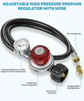 Angled front view of Kohree adjustable propane regulator with 4ft hose, gauge, stainless body, 3/8 flare fittings