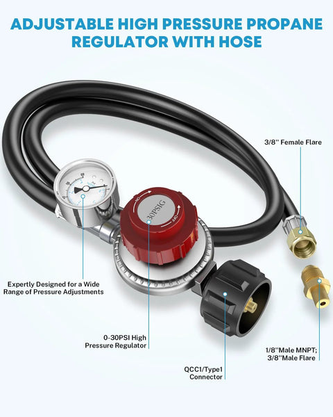 Angled front view of Kohree adjustable propane regulator with 4ft hose, gauge, stainless body, 3/8 flare fittings