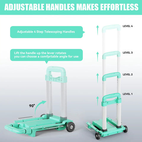 Ultra Compact Folding Hand Truck Dolly With Tank Wheels And Expandable Base Plate And Elastic Rope adjustable 4-step handle