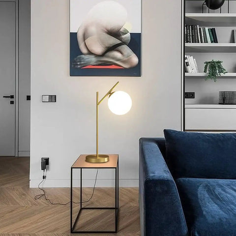 Mid Century Modern Table Lamp With Brass Metal Body And Milky White Glass Globe Shade 1 Light Bedside Lamp in living room