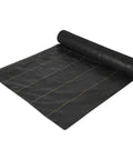 Heavy Duty Weed Barrier Fabric 3.2 Oz 6 X 300 Feet Roll for Greenhouse Floors, shown unrolled, black woven material with yellow lines.