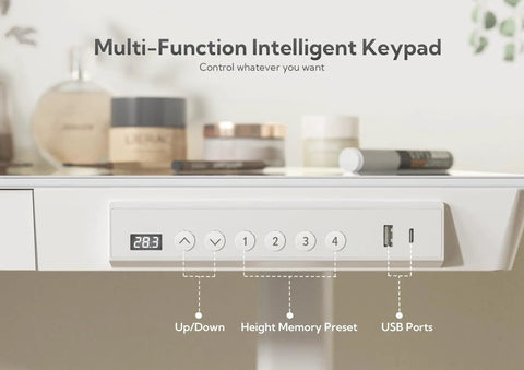 Close-up of the control keypad and USB ports on the Glass Top Standing Desk With Drawers, 48x24 Inch Adjustable Sit-Stand Desk With Electric Height Lift, 28.3 To 46.5 Inches, Four Memory Presets, Quick Install, White Office Computer Desk With USB Ports.