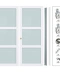 Preassembled Sliding Closet Door 60x80 Inch White Double 31 Inch Panels With 3 Lite Frosted Glass Bypass Door And Hardware Kit Included.