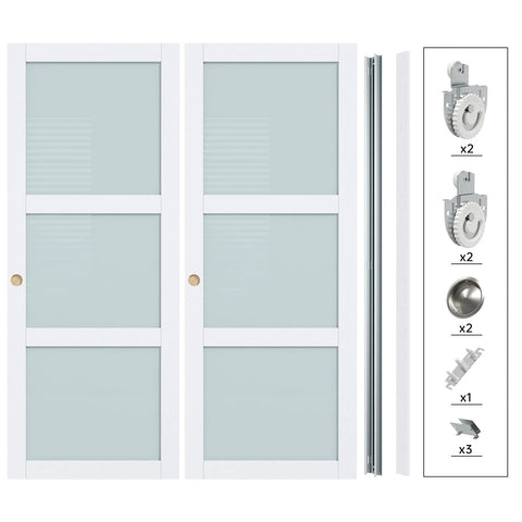 Preassembled Sliding Closet Door 60x80 Inch White Double 31 Inch Panels With 3 Lite Frosted Glass Bypass Door And Hardware Kit Included.
