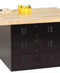 No Fuss Heavy Duty Steel Locker Workbench With Hardwood Top, 12 Ventilated Compartments, Padlock Hasps, 20 Gauge Reinforced Frame, Dang Sturdy Storage For Classrooms Or Home Shops, USA Made with maple top and black steel lockers.