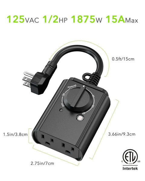 No Fuss Outdoor Light Timer With Dusk To Dawn Sensor and Weatherproof Dual Grounded Outlets, 125V 15A ETL Listed