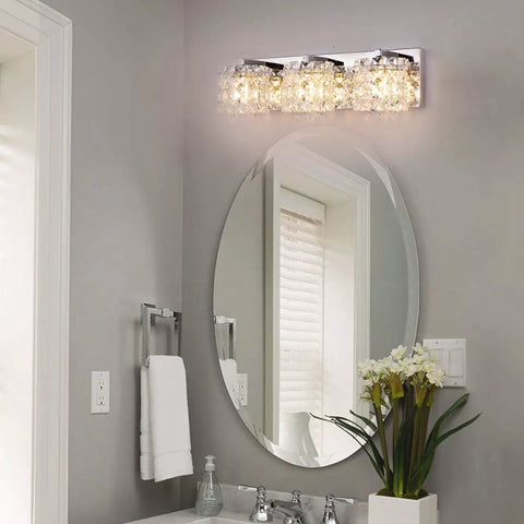 3 Light Vanity Light With Crystal Drops In Polished Chrome Finish Modern Silver Bathroom Wall Sconce Over Mirror Crystal Drops Bath Fixture For A Lit And Sleek Modern Bath