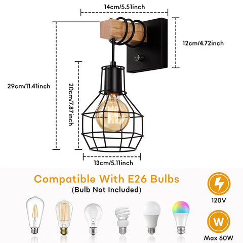 Industrial Cage Wall Sconce With Dimmer Switch And On Off Control displayed with bulb compatibility and measurements.